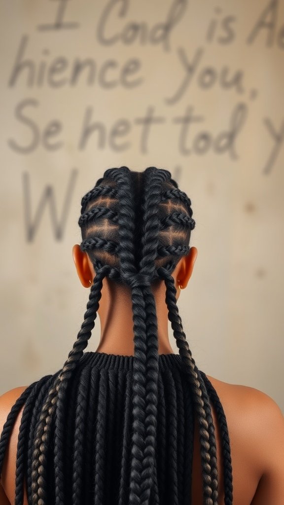 A woman with large knotless braids styled in a unique pattern, showcasing the beauty and versatility of this hairstyle.