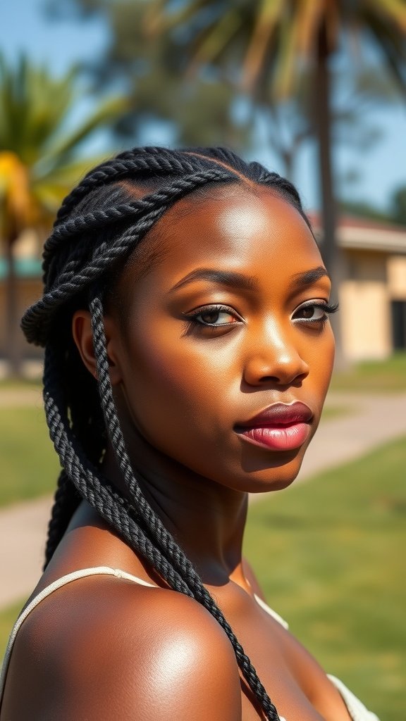 A woman with medium knotless box braids, showcasing their neatness and elegance.