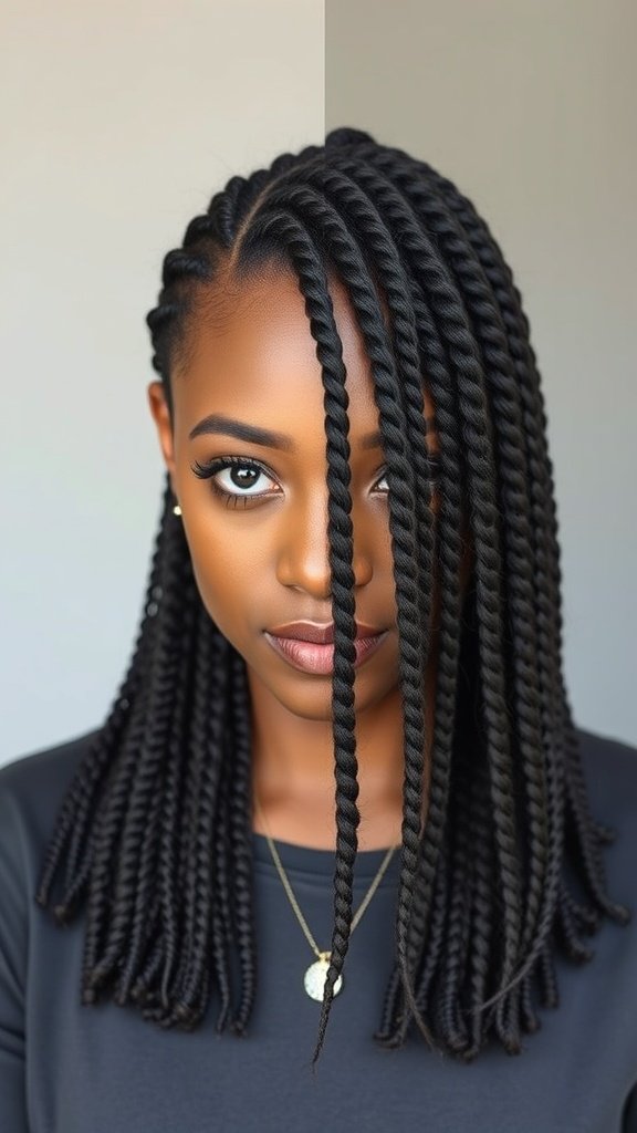 A woman with medium knotless braids, showcasing a stylish and protective hairstyle.