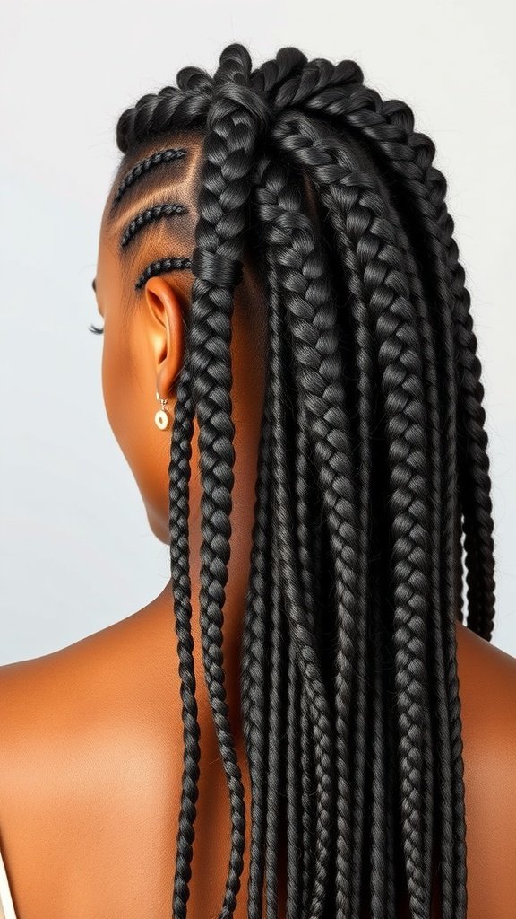 A woman showcasing short knotless braids, highlighting their sleek and stylish appearance.