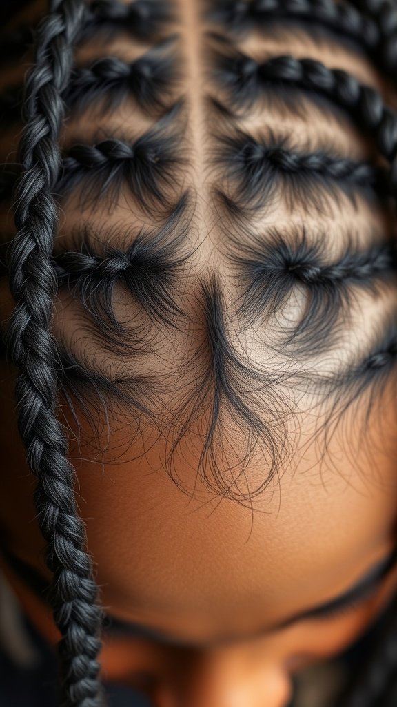 Close-up view of short knotless braids showcasing intricate patterns and neatness.