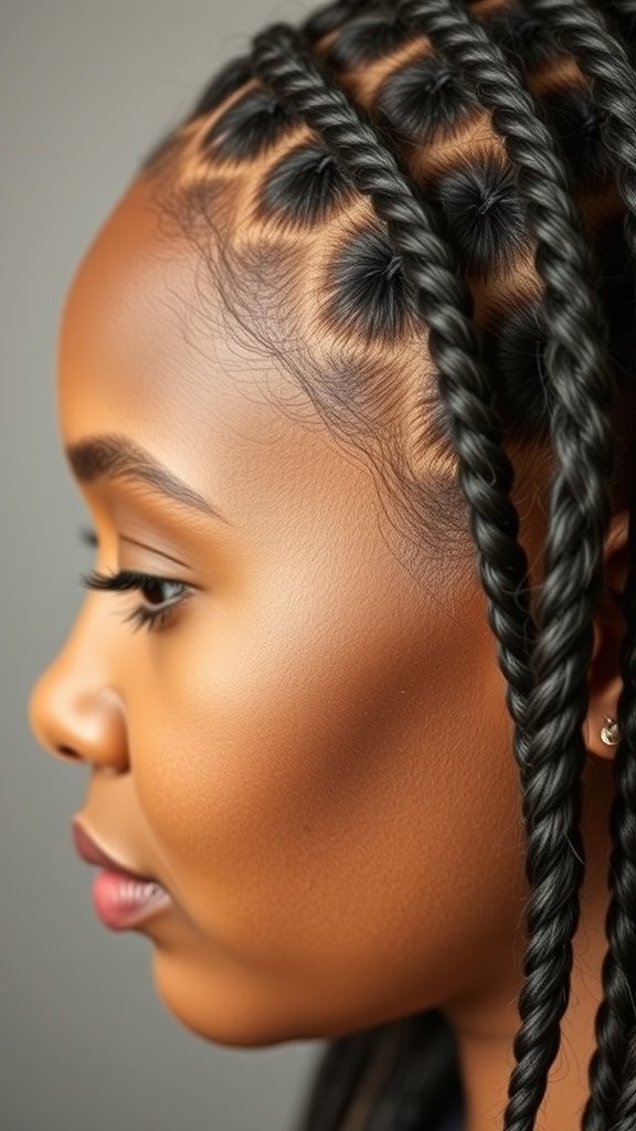 Close-up of a person with XS knotless braids, showcasing their neatness and style.