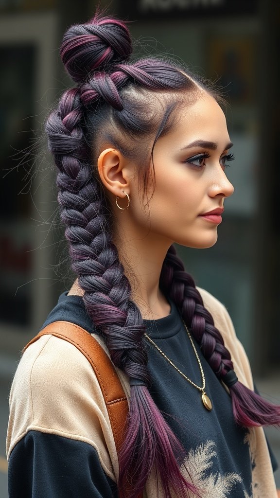 A woman with berry purple knotless braids styled in a high bun and long braids.