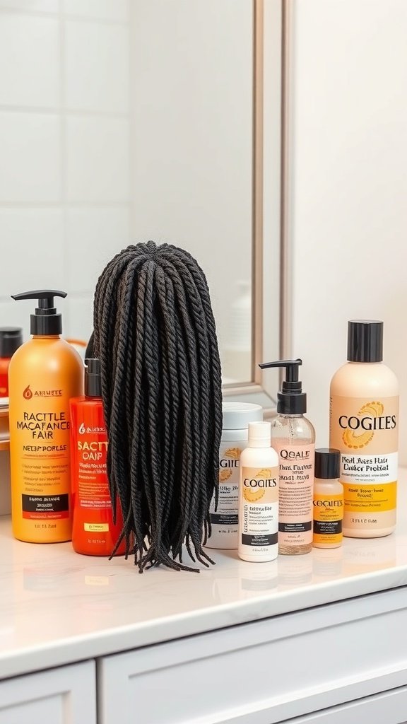 A variety of hair care products displayed next to a mannequin head with short knotless box braids.