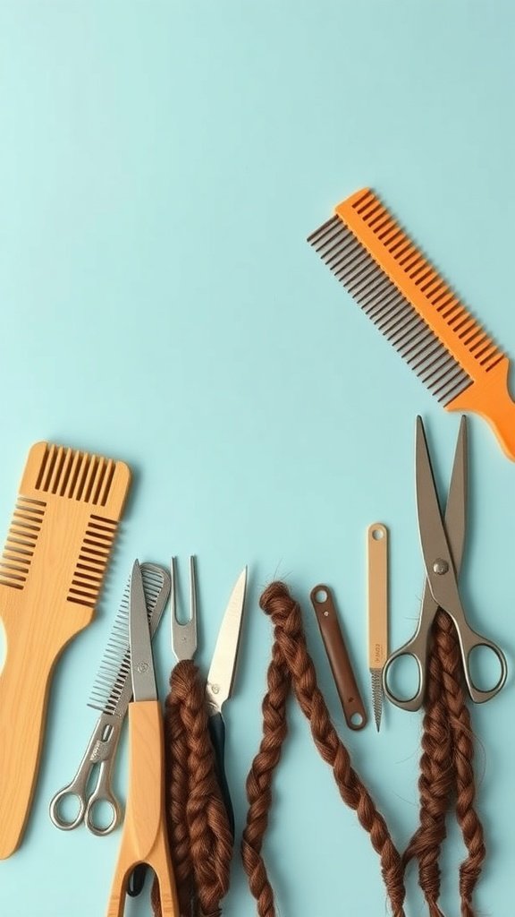 A collection of hair braiding tools including combs, scissors, and braided hair on a blue background.