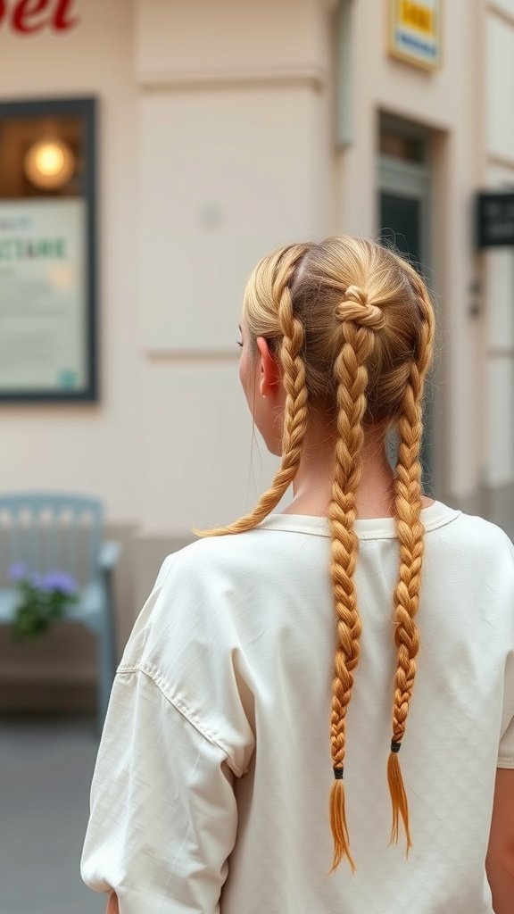 A person with blonde boho knotless braids styled in two long braids, showcasing a casual and stylish look.