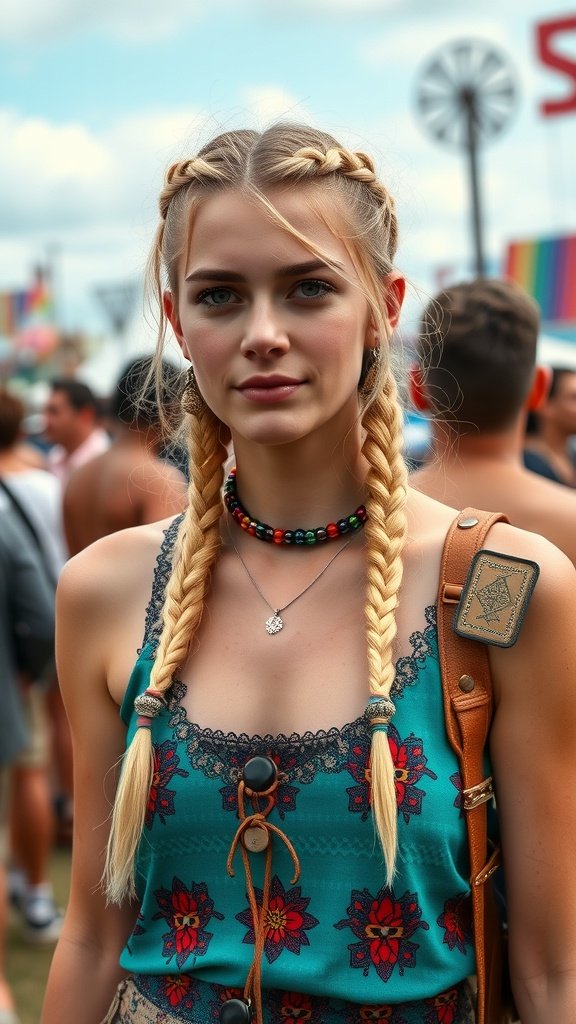 A young woman with blonde boho knotless braids, wearing a floral top and colorful accessories at a festival.