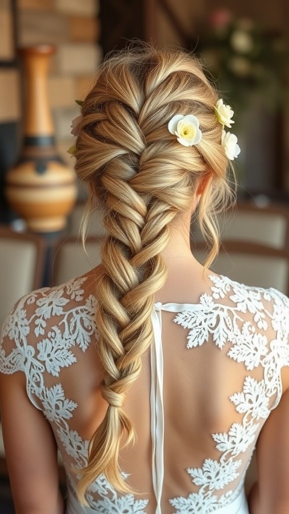 A woman with blonde boho knotless braids adorned with flowers, showcasing a beautiful hairstyle for special occasions.