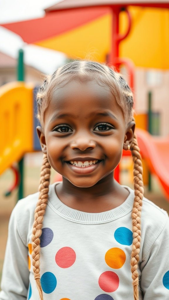 A smiling child with blonde knotless box braids, playing in a colorful playground.