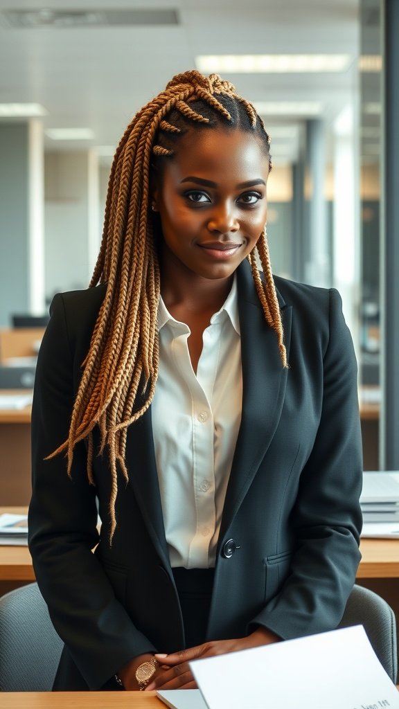 A professional woman with blonde knotless box braids wearing a suit in an office setting.