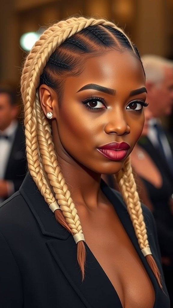 A woman with blonde knotless box braids styled elegantly, showcasing a chic look for a special occasion.
