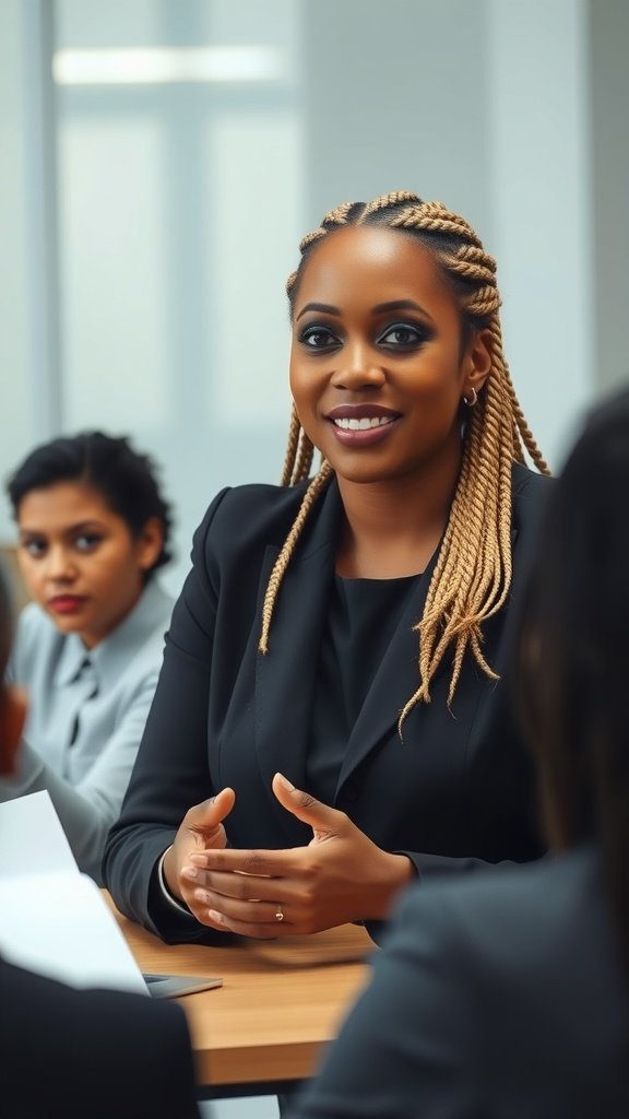 A woman with blonde knotless box braids in a professional meeting setting.