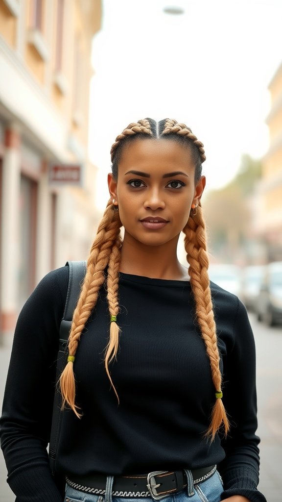 A woman with blonde knotless braids, wearing a black top and denim jeans, standing outdoors.