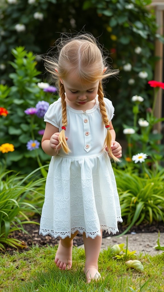 A young girl with blonde knotless braids, wearing a white dress, walking in a garden.