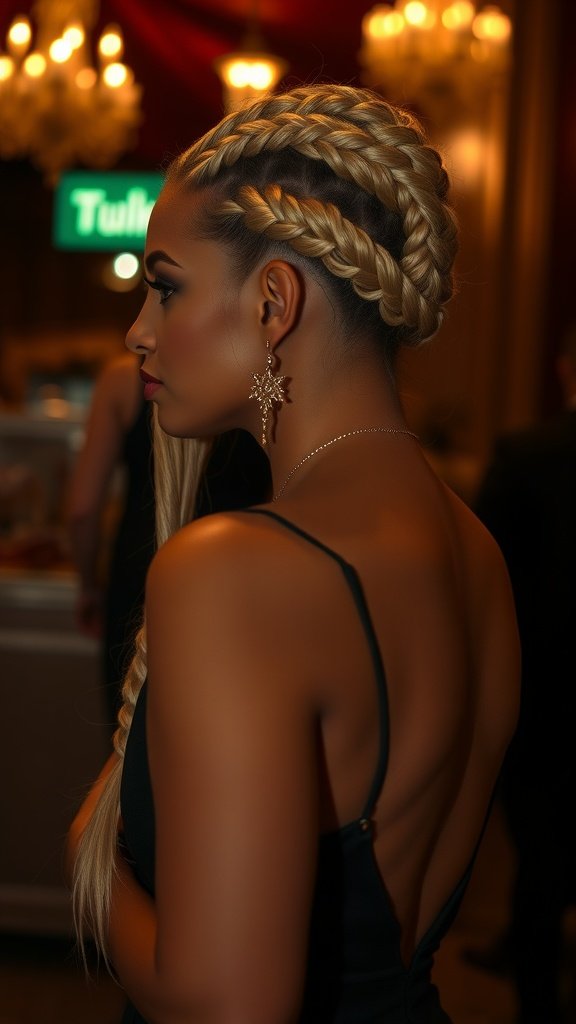 A woman with blonde knotless braids styled elegantly for a night out.