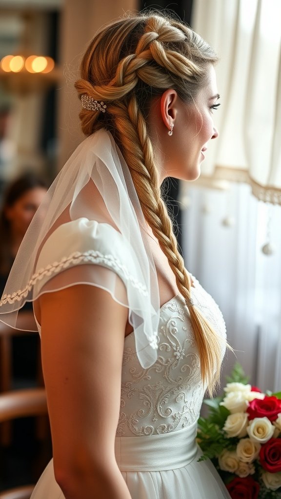 A bride with blonde knotless braids, wearing a wedding dress and holding a bouquet, looking out a window.