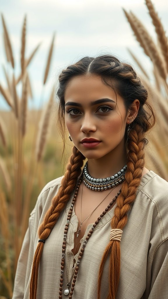 A model with boho knotless braids in shades of brown and honey, styled with layered necklaces in a natural setting.