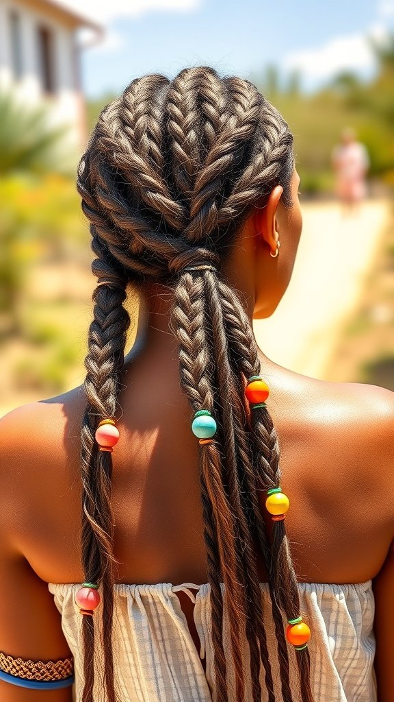 A woman with bohemian knotless braids adorned with colorful beads, showcasing a stylish and playful hairstyle.