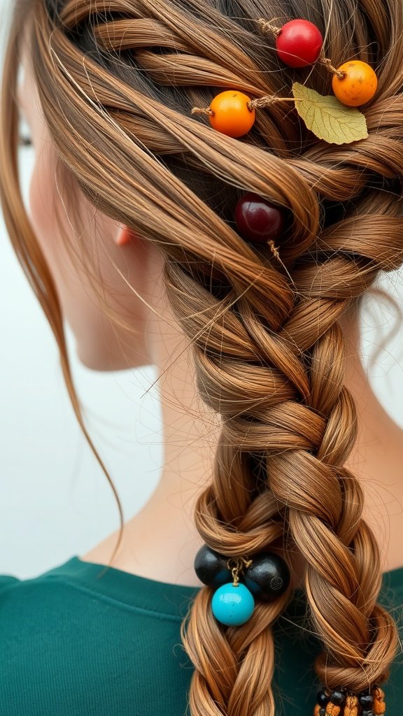 A close-up of a woman's back view showcasing bohemian knotless braids decorated with colorful beads.