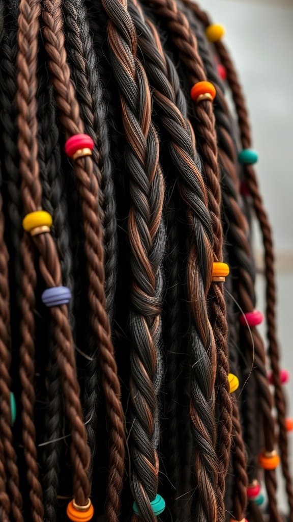 Close-up of knotless braids with colorful beads