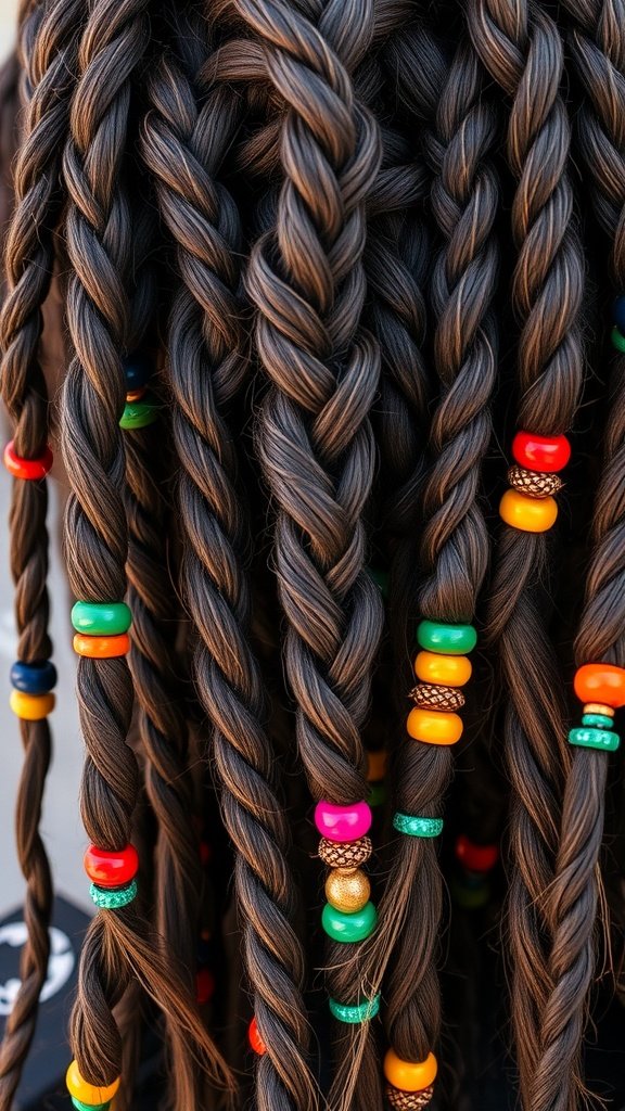 Close-up of long knotless braids with colorful beads