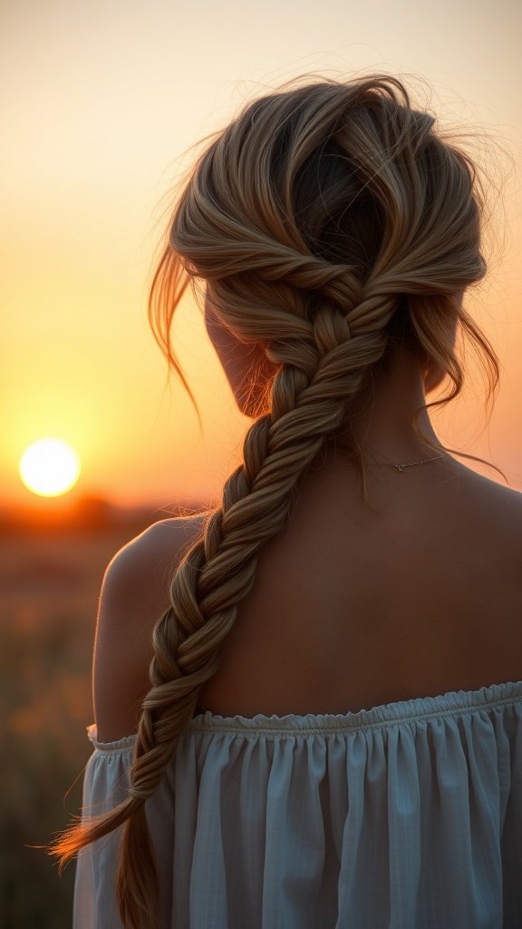 A woman with a side-swept braid against a sunset background