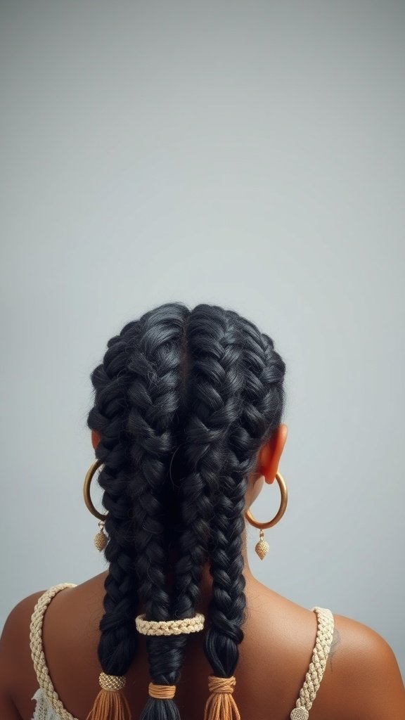 A close-up view of two knotless box braids styled in a boho fashion with accessories.