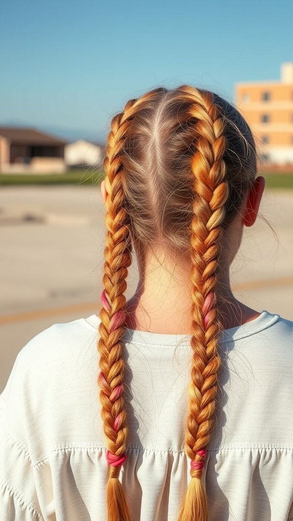 A girl with two blonde knotless braids featuring pink accents.