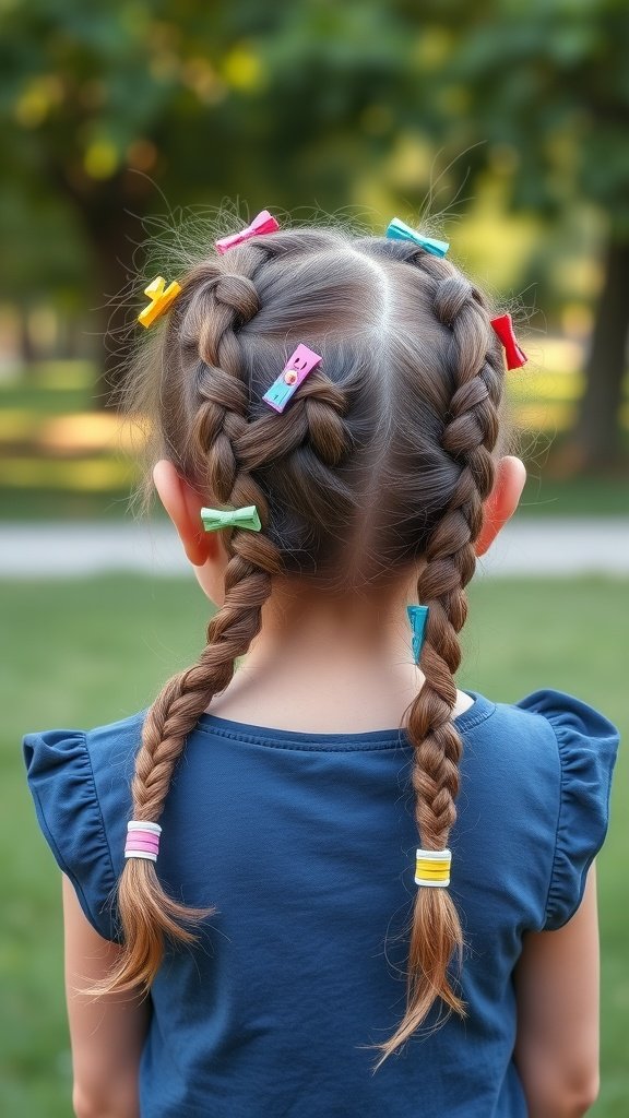 A girl with two colorful knotless braids in a park.