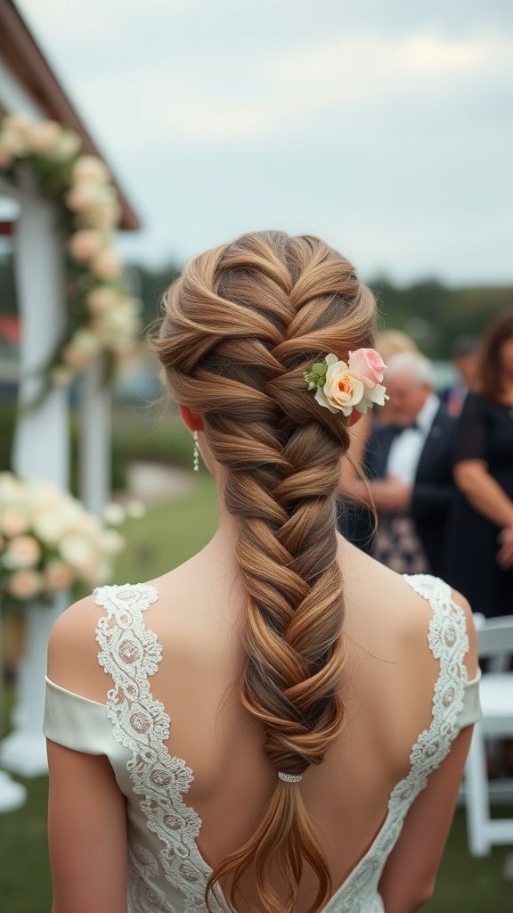 A woman with a beautiful braided hairstyle adorned with flowers, perfect for a special occasion.