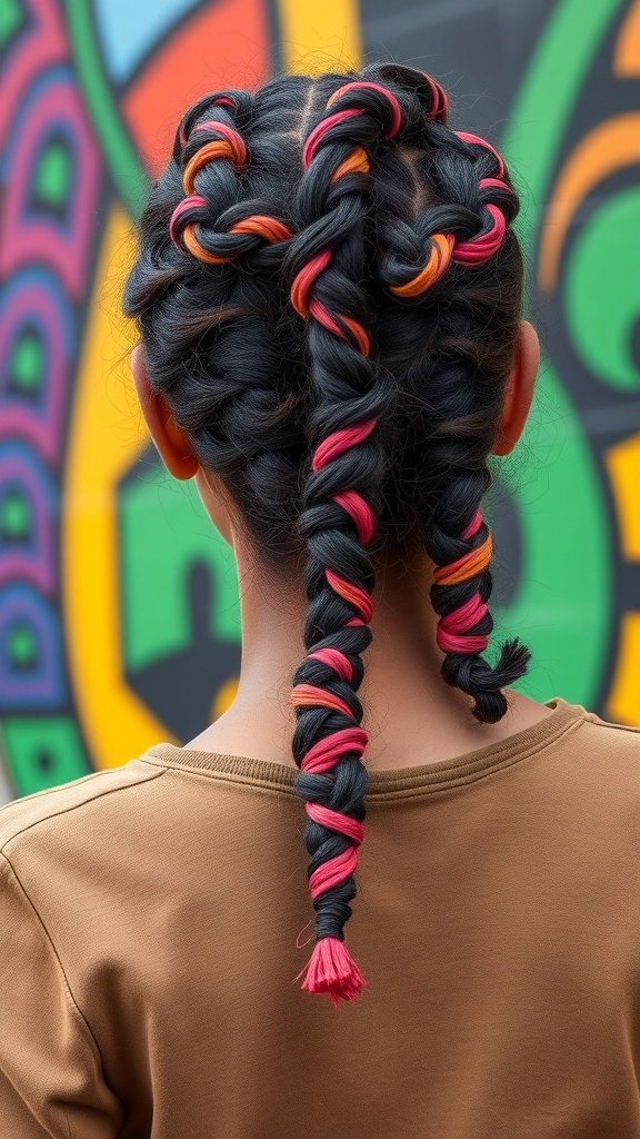 A person with boho knotless braids featuring a color block effect of black, orange, and pink.