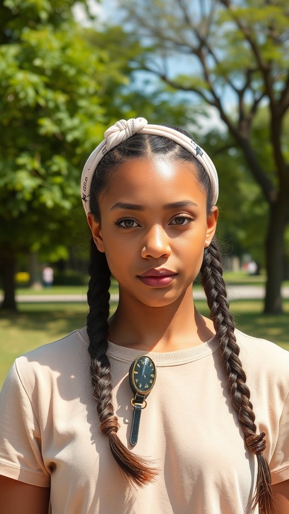 A woman with boho knotless braids and a headband, showcasing a stylish and protective hairstyle.
