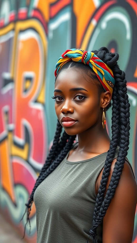 A woman with long knotless braids wearing a colorful headscarf, posing against a vibrant graffiti background.