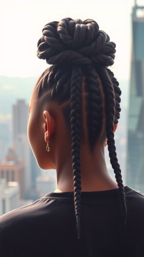 A woman with a high bun and knotless braids, showcasing a stylish boho hairstyle.