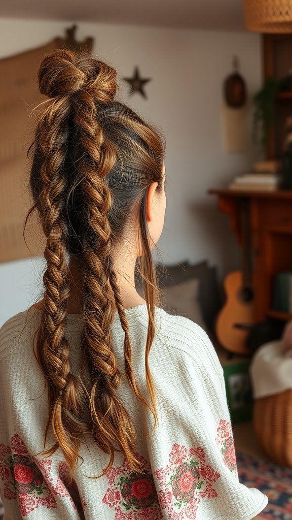 A woman with boho knotless braids styled in a half-up look, showcasing a messy and relaxed hairstyle.