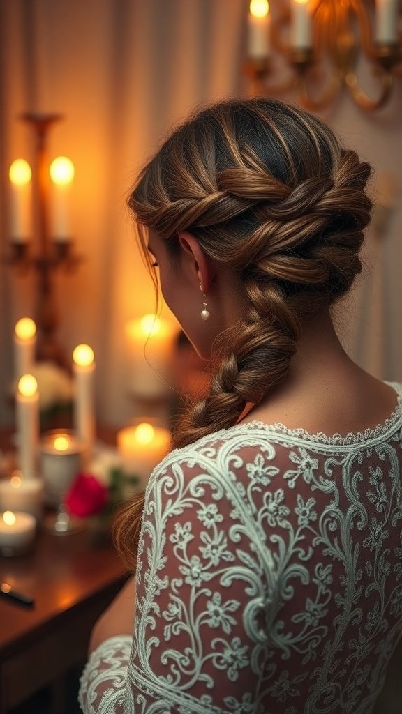 A woman with a romantic boho knotless braid hairstyle, surrounded by candlelight.