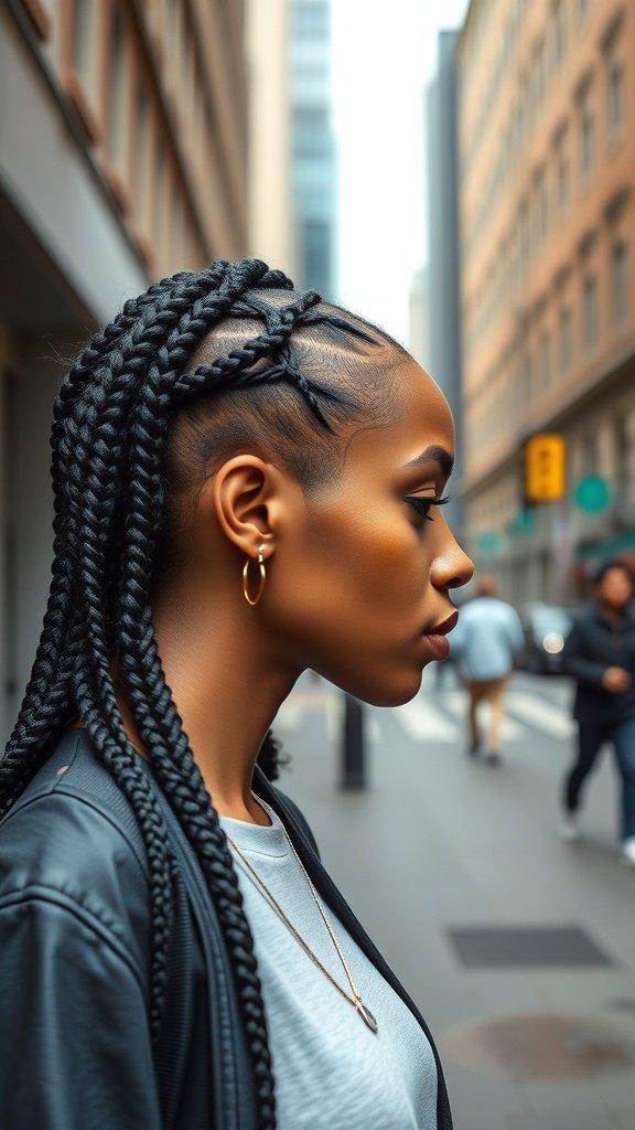 A woman with sleek boho knotless braids, showcasing a stylish and modern hairstyle.