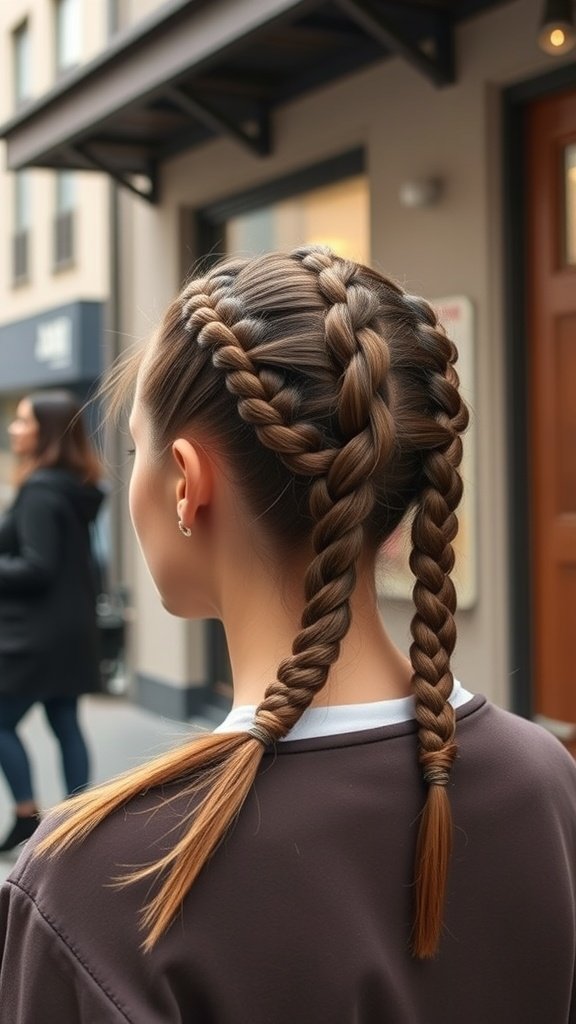 A woman with boho knotless braids styled into a sleek ponytail, showcasing a trendy and protective hairstyle.