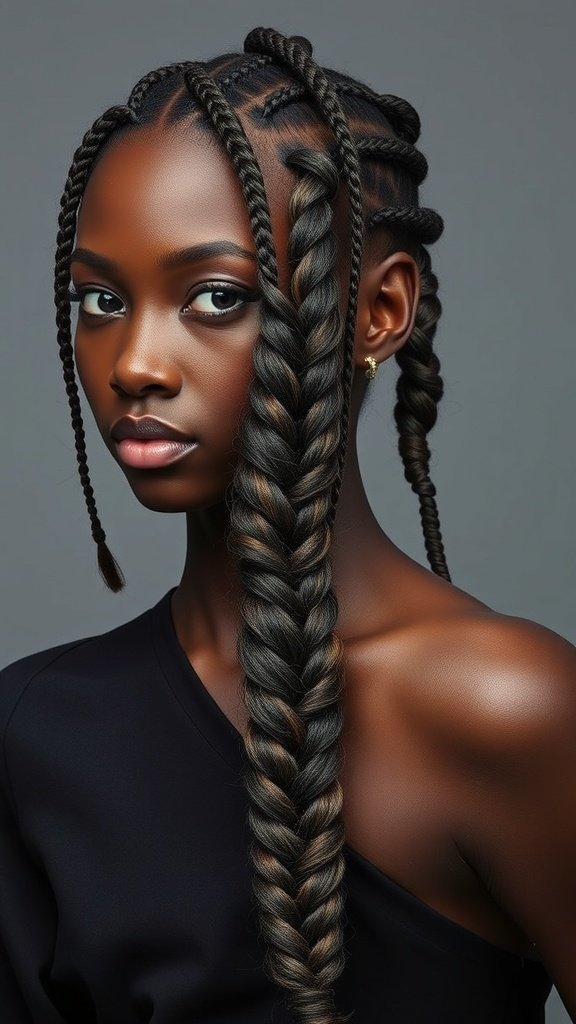 A model showcasing boho knotless braids with a twist, featuring a blend of dark and light colors.