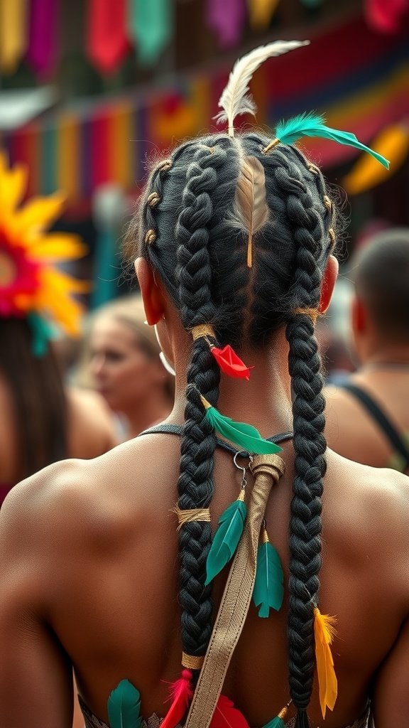 A close-up of a woman's back showing boho knotless braids with colorful feather accents.
