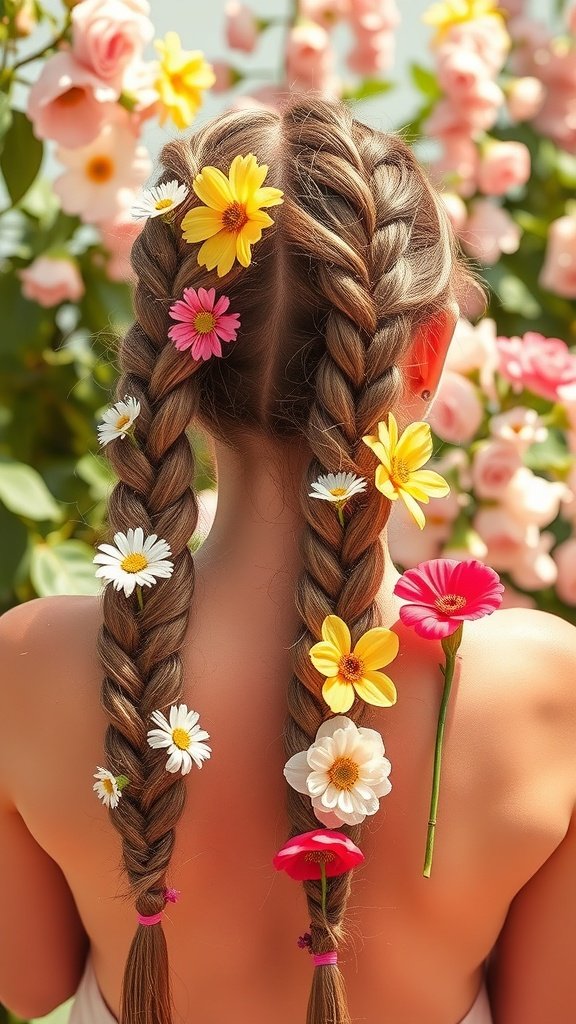 A woman with large bohemian knotless braids decorated with colorful flowers, standing in a garden.