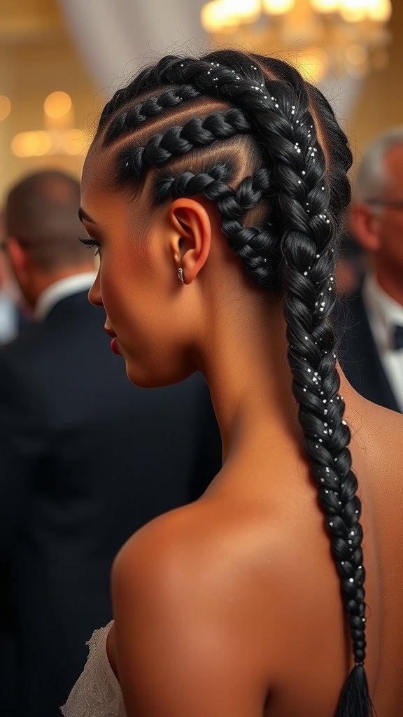 A woman showcasing boho knotless braids with glitter, highlighting a stylish and chic hairstyle.