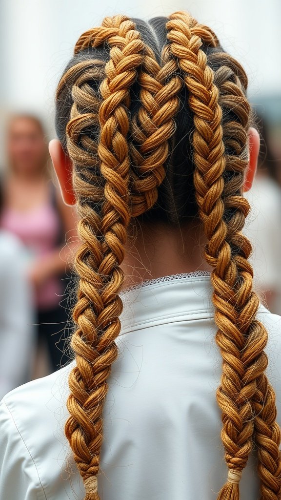 A close-up view of a person with boho knotless braids featuring gold thread.