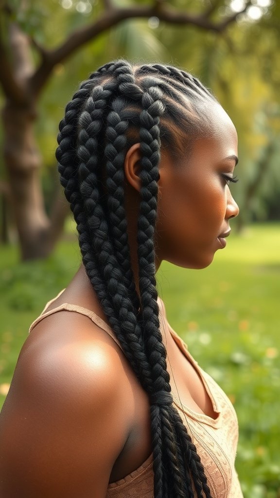 A woman with stylish boho knotless braids and scalp braids, showcasing a modern and chic hairstyle.