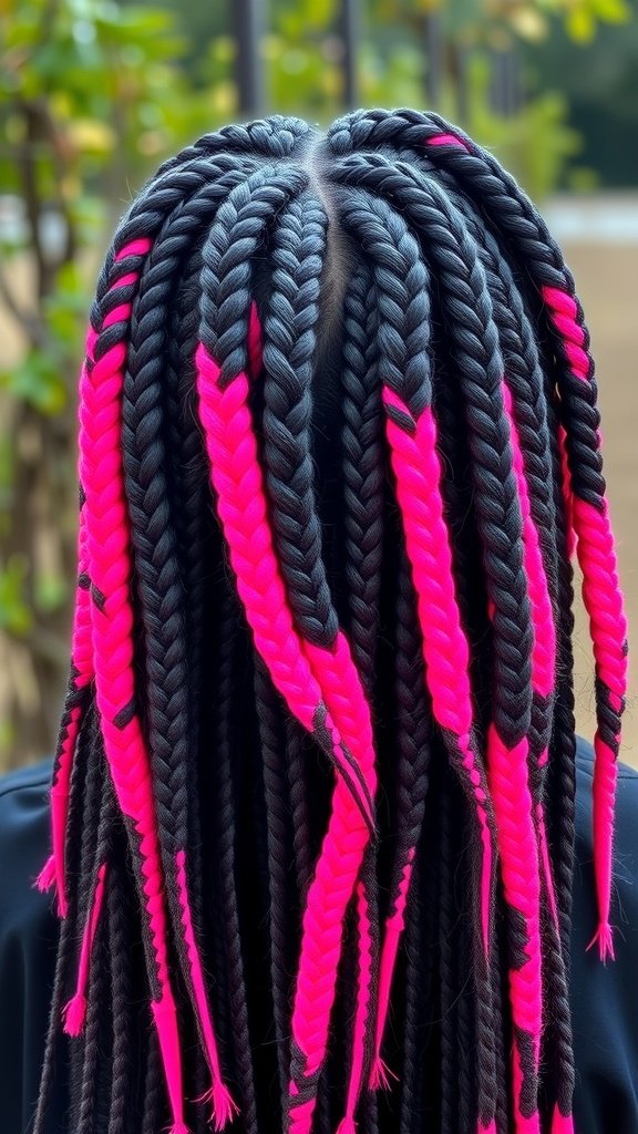 A close-up of boho knotless braids featuring bold neon pink highlights interwoven with black braids.