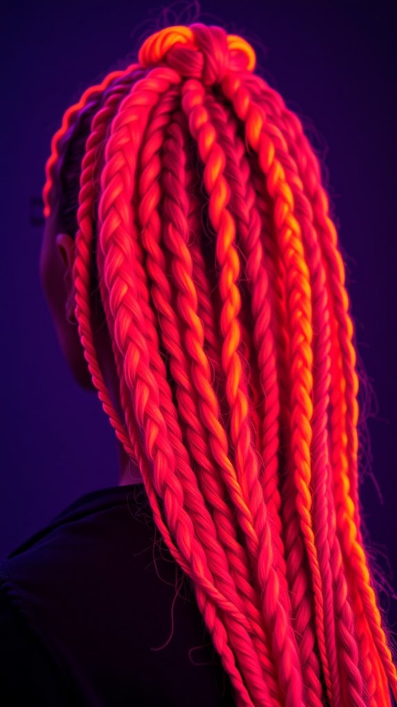 A person with bold neon knotless braids in vibrant pink and orange colors.