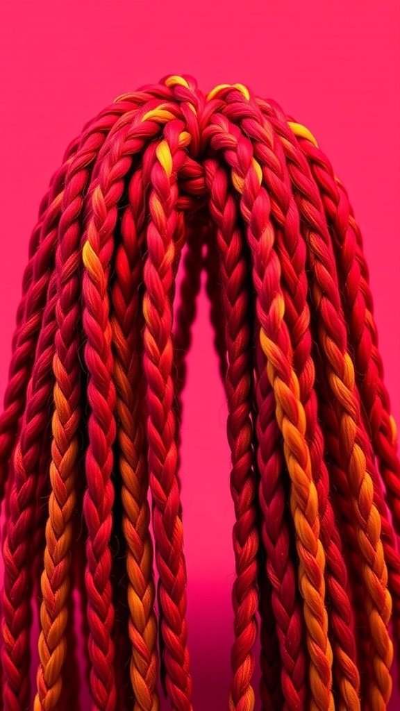 Bold neon knotless braids in red and orange against a pink background.