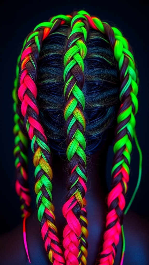 A close-up view of bold neon knotless braids featuring bright pink, green, and yellow colors.