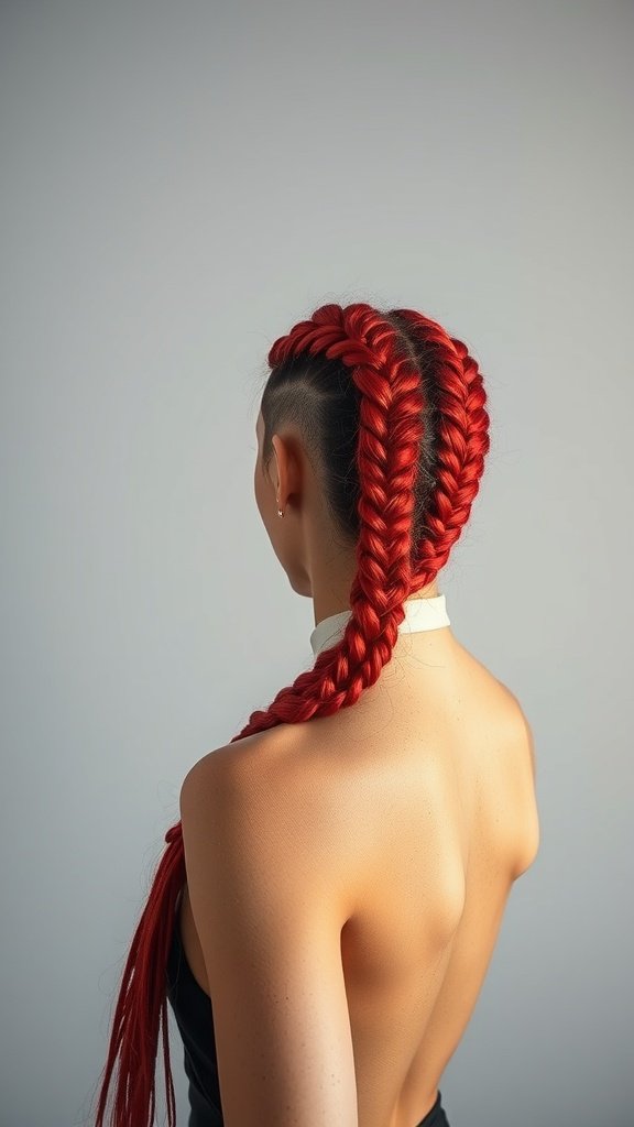 A woman with bold red knotless braids styled in two sections, showcasing the vibrant color and intricate braiding technique.