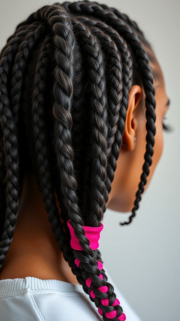 Long black box braids styled with pink hair ties